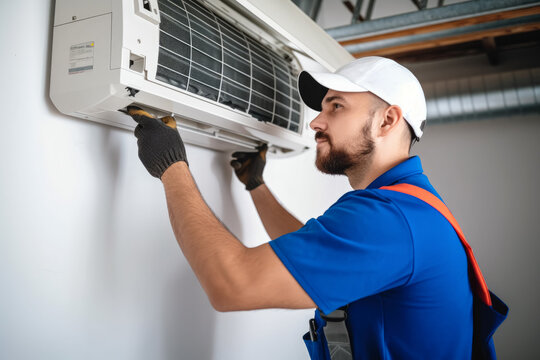HVAC technician installing a mini split air conditioner in South Jordan