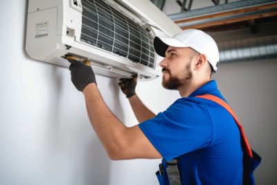360_F_621046421_Vcay4nYa8ozdeodOQVDfES6MRrC6N3b8 Air conditioning technician servicing a wall-mounted AC unit in South Jordan, UT