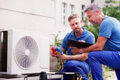 ac-installation-in-claremont-ca HVAC technicians reviewing an outdoor air conditioning unit in South Jordan, UT